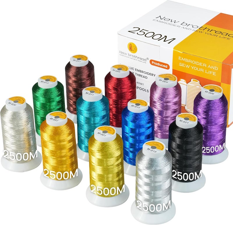 New brothread 12 Assorted Colors Metallic Embroidery Machine Thread Kit 2500M (2735Y) Each Spool for Commercial and Domestic Embroidery Machines - Image 1